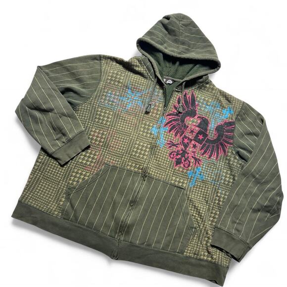 No Boundaries Nobo Vintage Y2k Green Houndstooth AOP Eagle Cross Hoodie XL - Picture 3 of 7